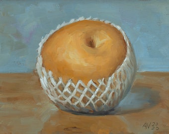 Oil painting of an Asian pear dressed in revealing wrapping small painting unique modern art still life by Aleksey Vaynshteyn