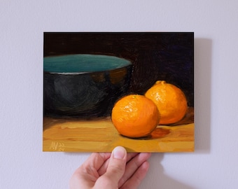 Clementines and a black bowl original oil painting small impasto tangerine still life by Aleksey Vaynshteyn