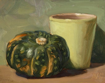 Peinture de courge Kabocha, cadeau de Thanksgiving, cadeau de pendaison de crémaillère, peinture à l’huile originale de récolte d’automne nature morte par Aleksey Vaynshteyn