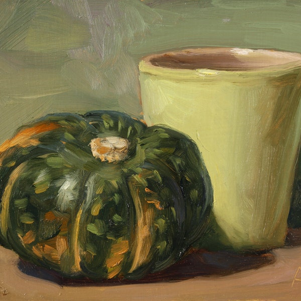 Kabocha squash painting, Thanksgiving gift, housewarming gift, original fall harvest oil painting still life by Aleksey Vaynshteyn