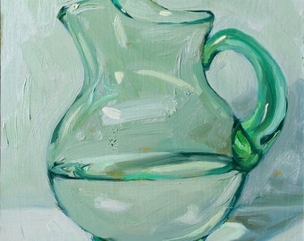 May include: A green glass pitcher with a rounded body and a handle. The pitcher is empty and has a slight green tint.