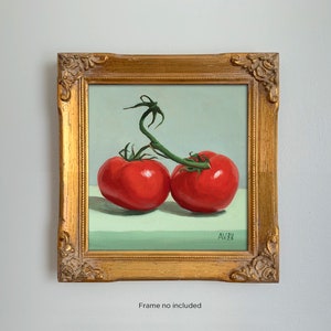 May include: A framed painting of two red tomatoes on a green vine, against a light green background. The painting is signed "AV23" in the bottom right corner.