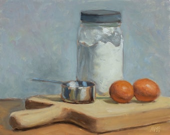 Original still life with a mason jar of flour steel measuring cup and eggs on a cutting board, shiny metal art by Aleksey Vaynshteyn