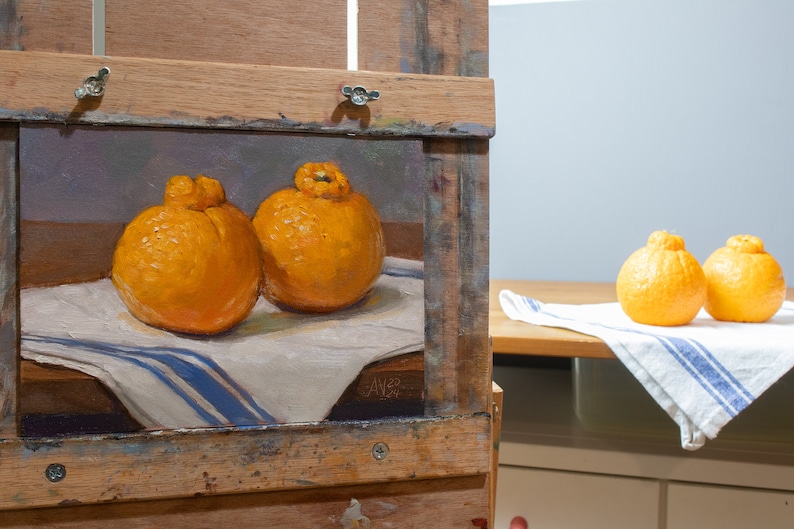 Sumo Oranges on French cloth original oil painting still life by Aleksey Vaynshteyn image 4