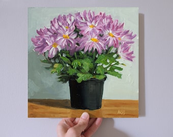 Expressionistic painting of purple chrysanthemums in a black pot original flower still life oil painting by Aleksey Vaynshteyn