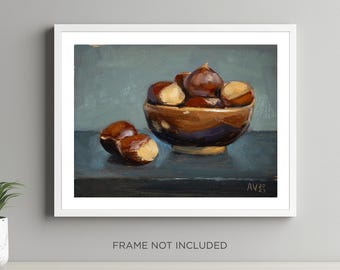 Chestnuts in a hand made ceramic bowl original oil painting still life by Aleksey Vaynshteyn