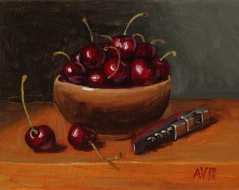 Cherries in a ceramic bowl with crokscrew Still Life Painting by Aleksey Vaynshteyn
