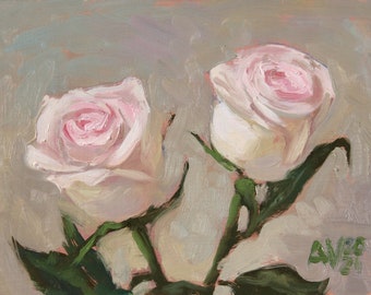 Pair of pink roses original still life oil painting by Aleksey Vaynshteyn