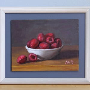 Red Ripe Raspberries in a Bowl Kitchen Painting Still Life by Aleksey Vaynshteyn image 1