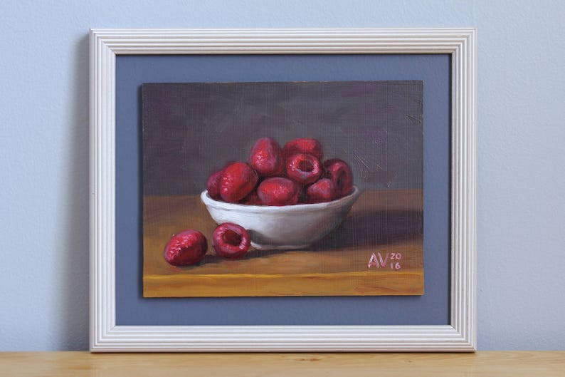 Red Ripe Raspberries in a Bowl Kitchen Painting Still Life by Aleksey Vaynshteyn image 1