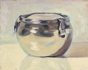 Stainless steel kimchi container original impasto oil painting still life by Aleksey Vaynshteyn