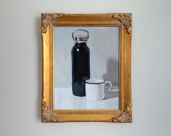 Don't matter if you're black or white - water bottle and coffee mug original still life oil painting by Aleksey Vaynshteyn