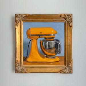 Orange Kitchen Aid Stand Mixer on blue background, small painting, square painting, original still life oil painting image 3