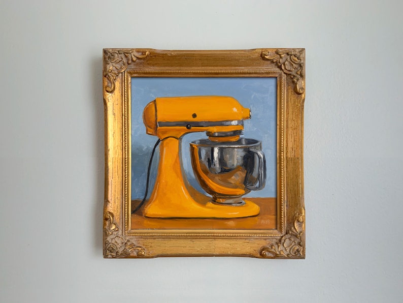 Orange Kitchen Aid Stand Mixer on blue background, small painting, square painting, original still life oil painting image 3