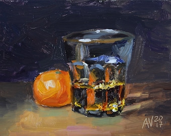 Bourbon and Clementine Fine Art Giclée Print of original still life oil painting by Aleksey Vaynshteyn