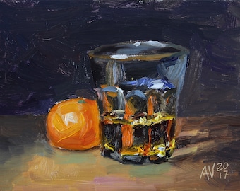 Bourbon and Clementine original still life oil painting by Aleksey Vaynshteyn