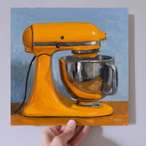 Orange Kitchen Aid Stand Mixer on blue background, small painting, square painting, original still life oil painting image 2