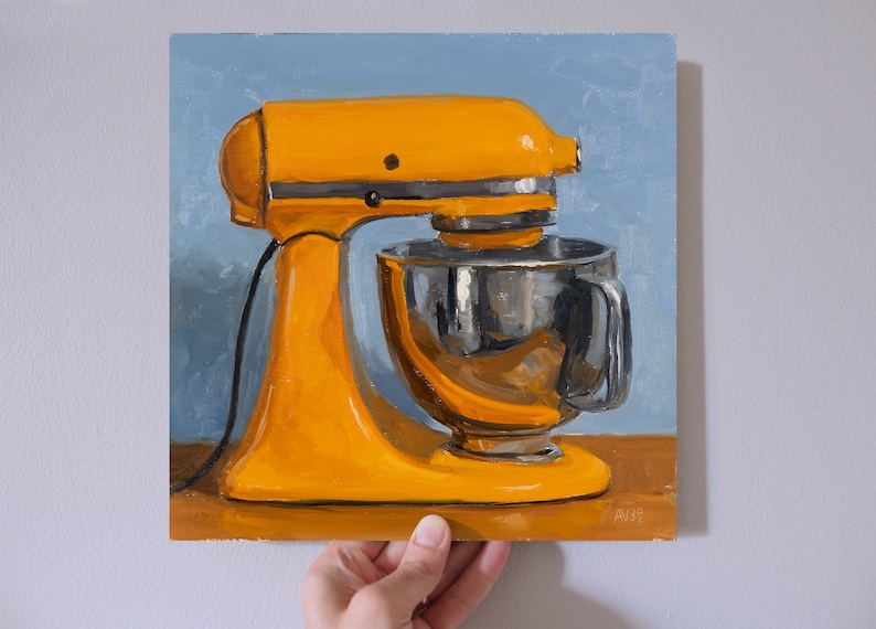 Orange Kitchen Aid Stand Mixer on blue background, small painting, square painting, original still life oil painting image 2