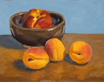 Three apricots and a nectarine in a hand made bowl still life original oil painting by Aleksey Vaynshteyn