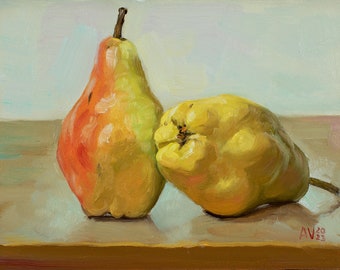 Bartlett pears oil painting, small still life painting, impasto painting, modern art, original contemporary painting by Aleksey Vaynshteyn