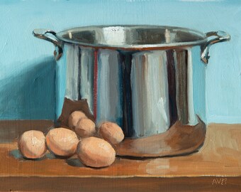 Original still life with stainless steel pot and eggs on blue background, shiny metal art, oil painting still life by Aleksey Vaynshteyn