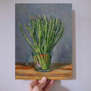 Asparagus in a Pyrex cup original contemporary still life by Aleksey Vaynshteyn