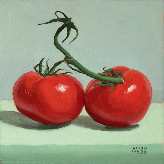 Tomatoes on the vine Giclée art print of my original square still life oil painting by Aleksey Vaynshteyn