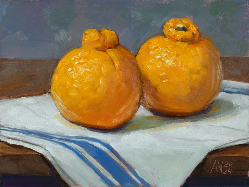 Sumo Oranges on French cloth original oil painting still life by Aleksey Vaynshteyn image 1