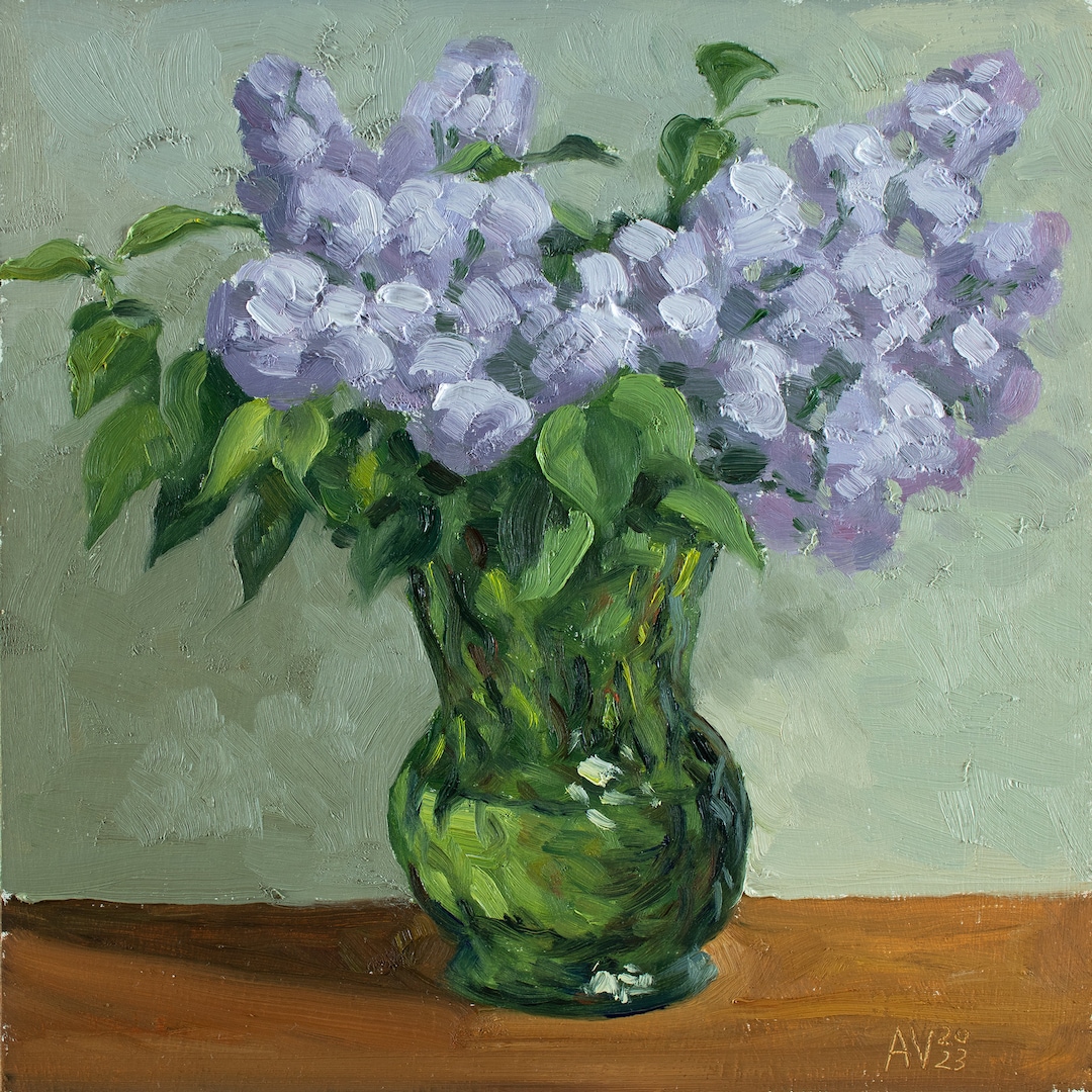 Thick Impasto Painting of Purple Lilacs in a Green Glass Vase Original ...