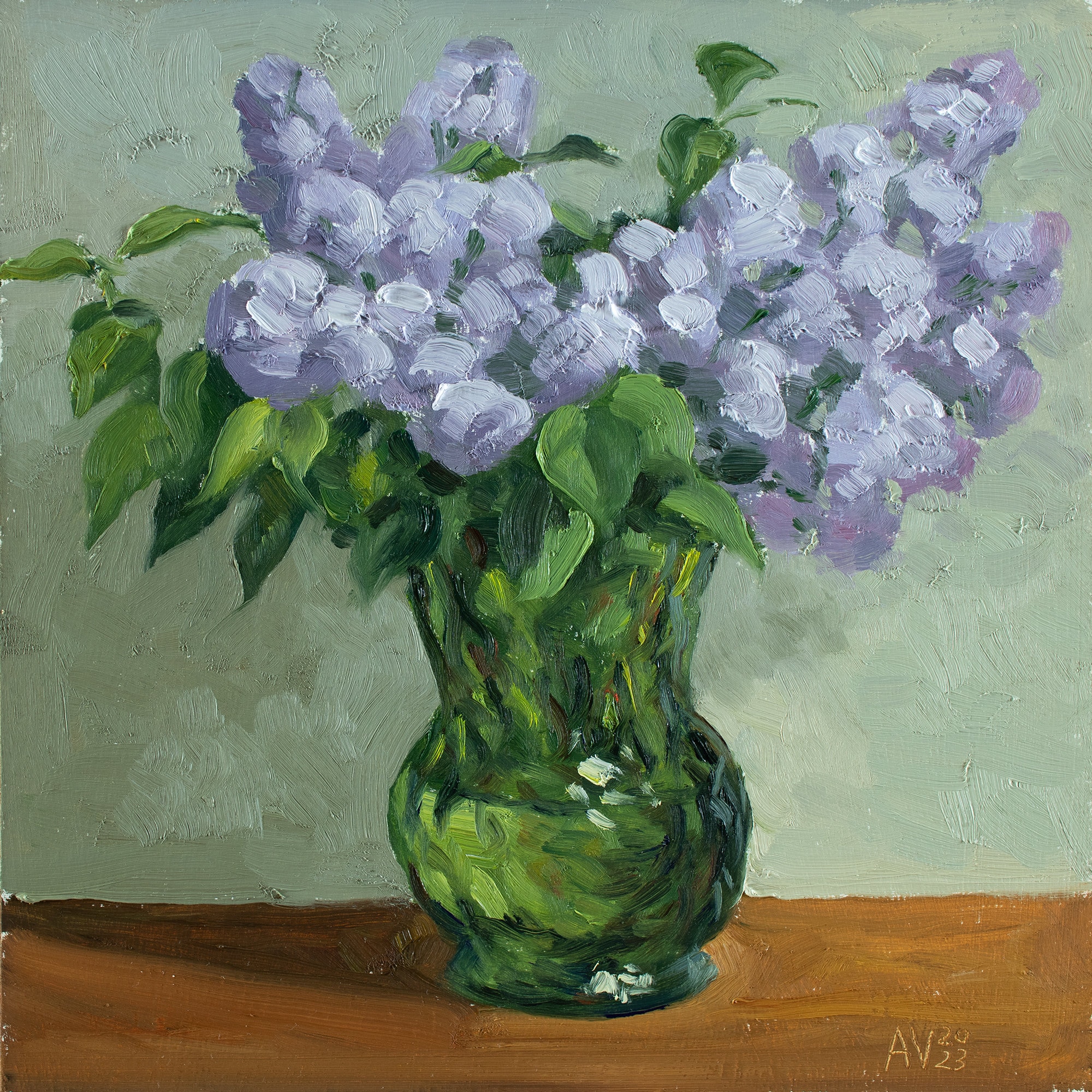 Thick Impasto Painting of Purple Lilacs in a Green Glass Vase Original ...