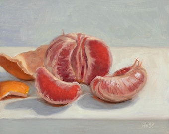 May include: Oil painting of a peeled grapefruit with two segments and a peel. The grapefruit is a vibrant pink-red color, with a light orange peel. The painting is set against a white background.