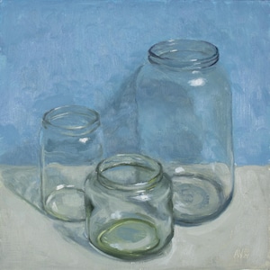Glass jars on blue background original still life oil painting by Aleksey Vaynshteyn