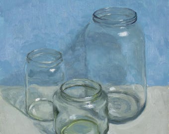 Glass jars on blue background original still life oil painting by Aleksey Vaynshteyn
