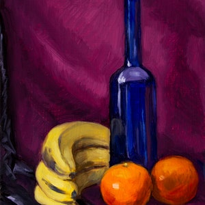 Blue bottle with blood oranges and bananas Original Oil Painting Still Life by Aleksey Vaynshteyn image 2