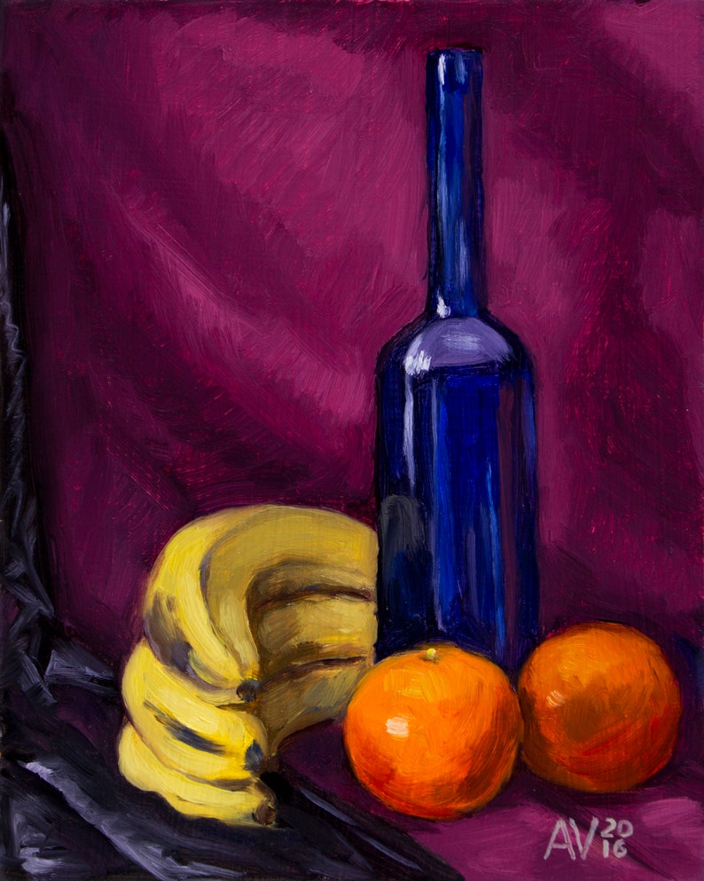 Blue bottle with blood oranges and bananas Original Oil Painting Still Life by Aleksey Vaynshteyn image 2