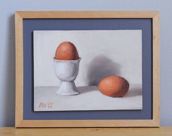 Brown Eggs Painting, original framed oil painting still life on board by Aleksey Vaynshteyn