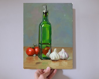 Tomatoes garlic and olive oil bottle oil painting Italian kitchen art original still life by Aleksey Vaynshteyn