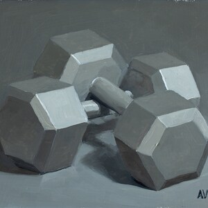 Realistic oil painting of a pair of dumbbells, unique still life oil painting, contemporary realist, original modern art Aleksey Vaynshteyn