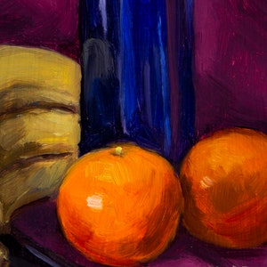 Blue bottle with blood oranges and bananas Original Oil Painting Still Life by Aleksey Vaynshteyn image 4