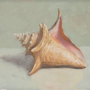 Conch shell and white cup original oil painting square white still life by Aleksey Vaynshteyn
