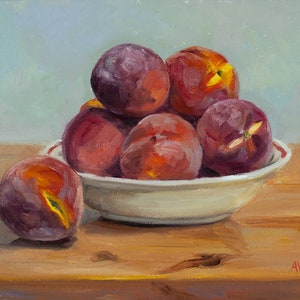 Fresh Jersey peaches in a large bowl original still life oil painting by Aleksey Vaynshteyn