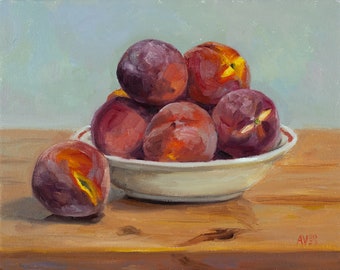 Fresh Jersey peaches in a large bowl original still life oil painting by Aleksey Vaynshteyn