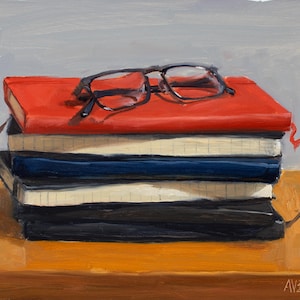 Realistic oil painting stack of Moleskin notebooks and reading glasses, square still life painting, original modern art Aleksey Vaynshteyn