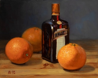 Oranges and Cointreau original still life oil painting by Aleksey Vaynshteyn