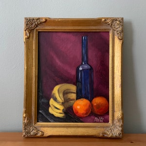Blue bottle with blood oranges and bananas Original Oil Painting Still Life by Aleksey Vaynshteyn image 1
