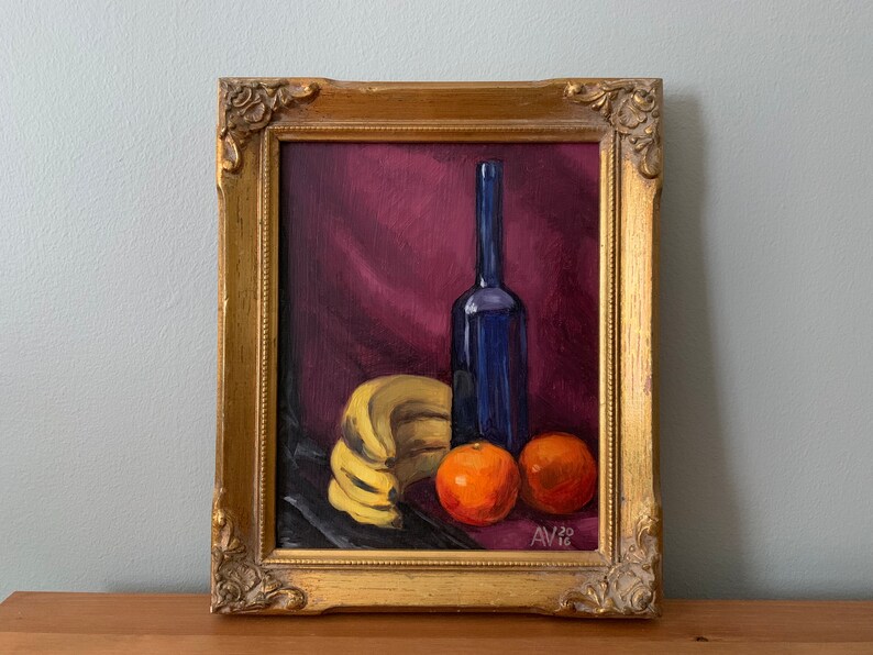 Blue bottle with blood oranges and bananas Original Oil Painting Still Life by Aleksey Vaynshteyn image 1