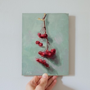 Crab apple branch on a string, small fruit painting, original impasto oil painting still life by Aleksey Vaynshteyn