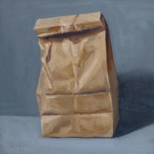 Sac en papier réalisme Impression giclée de ma peinture à l'huile originale, nature morte carrée, art moderne inhabituel par Aleksey Vaynshteyn