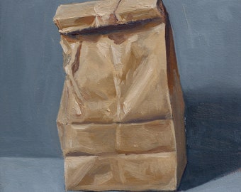 Realism paper bag Giclée print of my original oil painting, square still life painting, unusual modern art by Aleksey Vaynshteyn