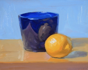 Lemon and blue glass vase original oil painting still life by Aleksey Vaynshteyn